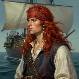 portrait of a male pirate with flowing red hair!!!!!!, handsome, side profile, Steampunk airship!!!!!!!, D&D, fantasy, simple clothing!!!!, elegant, highly detailed, digital painting, deviantart, artstation, concept art, sharp focus, illustration, art by Artgerm and Greg Rutkowski and Alphonse Mucha