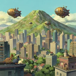 A mountain surrounded by a metropolis by Craig Mullins, the city buildings are in a studio ghibli aesthetic, illustrative art of small steampunk airships flying around the city by Mattias Adolfsson, In the foreground are animal people on rooftops by Mattias Adolfsson,