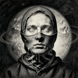 face made out of planet, faceless people dark, dots, drip, stipple, pointillism, technical, abstract, minimal, style of francis bacon, asymmetry, pulled apart, cloak, hooded figure, made of dots, abstract, balaclava