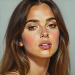 a painting by mike dargas of a ana de armas with honey dripping down her face, close - up