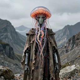 A detailed lonely tesla roboalien with jellyfish head stands among the mountains. Wearing a ripped mantle, robe. Perfect face, colossal scale, extremely high details, realistic, fantasy art, solo, masterpiece, art by Zdzisław Beksiński, Arthur Rackham, Dariusz Zawadzki