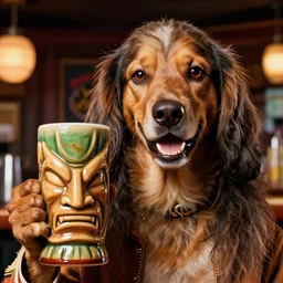 a closeup photorealistic photograph of happy snoop dogg at the trader vic's bar holding a tiki mug that features his face. brightly lit scene. this 4 k hd image is trending on artstation, featured on behance, well - rendered, extra crisp, features intricate detail, epic composition and the style of unreal engine.