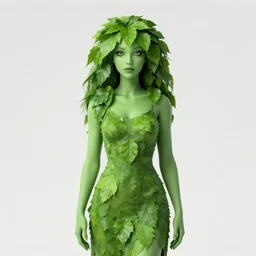 woman with green skin, leaves instead of hair, wearing a simple dress, far shot, digital art, hyper - realistic, 8 k, ultrahd