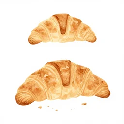 minimalist watercolor art flakey croissants with crumbs on blank all white background, illustration, vector art