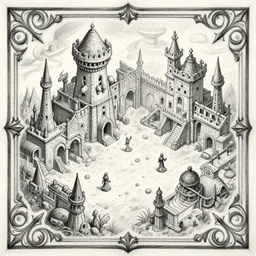an absurdly-detailed isometric fantasy scene pencil drawing as a fancy square tile