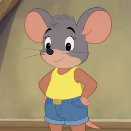 2 d traditional animation, portrait, upper body shot, mid shot, anthropomorphic mouse, female, wearing denim short shorts and a off yellow tank top shirt, in the style of rescue rangers