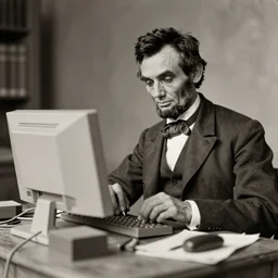 old photograph of Abraham Lincoln repairing a Computer