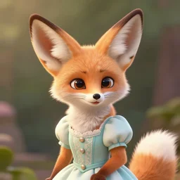 high quality character portrait of a fennec fox character wearing a dress, disney style, zootopia, highly detailed render, fur