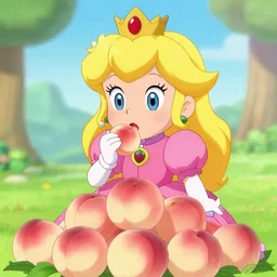 princess peach eating a pile of peaches