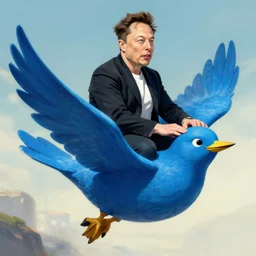 elon musk riding on a blue twitter bird, fantasy art, in the style of artgerm, illustration, epic, fantasy, intricate, hyper detailed, artstation, concept art, smooth, sharp focus, ray tracing, vibrant, photorealistic