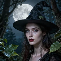 leaves, cinematic lighting, realistic matte painting, close - up face portrait of a beautiful skinny woman as witch in front of the full big moon in a fantasy forest, by james gurney, greg rutkowski, highly detailed digital art, artstation