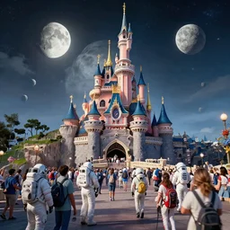 disney world on the moon, photorealistic, 8 k, extreme detail, rendered in octane, rendered in arnold, rendered in vray, created in unreal engine 5, crowds of people in space suits