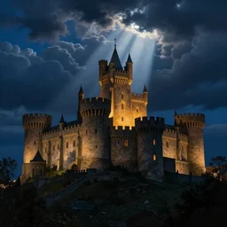 a painting of a medieval castle illuminated from a single bright godray coming from a hole in the clouds. dark blue sky with deep tall cloud. dark foreround. detailed gothic art, trending on cgsociety, god rays, moody, atmospheric