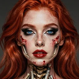 skeleton black bones, covered with blood, jessica nigri face!!, highly detailed face, long red hair, beautiful blue eyes, black heavy eyeliner, ultra realistic, concept art, intricate details, photorealistic, octane render, 8 k, unreal engine. retro film still, heavy grain, 3 5 mm, art by artgerm and greg rutkowski and alphonse mucha