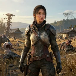 fallout 5, charismatic beautiful rugged asian female protagonist, portrait, outdoors japanese rural countryside, atmospheric lighting, painted, intricate, volumetric lighting, daytime, winter, clear weather, mutated wildlife, golden hour, sharp focus, deep colours, ultra detailed, art by william turner