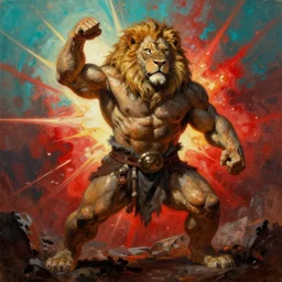 oversized muscular lion barbarian hunter full human body in portrait powerful pose and strong shiny backlight  of sun rays , red planet explosion  in cyan background , very textured detailed  oil painting by rembrandt , hard backlight , in dark cave