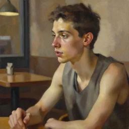 detailed portrait of a person at a cafe, ethnic, realistic face, sculpted features, thin and statuesque, conversation, warm glow, radiant, bathed in light, chiaroscuro, specular highlights, angular impressionism, natural color scheme, earthy tones, modern fashion, contemporary art, gestural oil on canvas