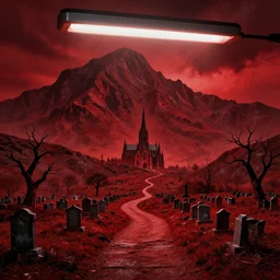 wide angle image, hellish red background landscape, massive beautiful mountains, winding path leading to a gothic cathedral in the distance, cemetery and graves, dead trees, stormy red sky, horror, unsettling, fluorescent light, product photography, by bastien lecouffe - deharme