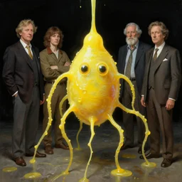 human amoeba by greg rutkowski and magali villeneuve and gerald brom and norman rockwell and gil elvgren, opaque yellow liquid, tendrils, ooze, hyperrealism, surrealism