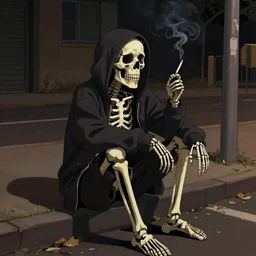 a skeleton in a hoodie sitting on the street smoking a cigarette at night, painting artstation dark style