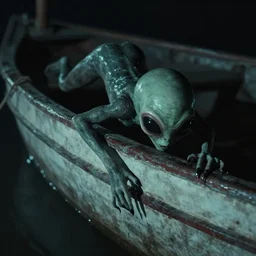 an alien crawling on a boat. in the style of junji ito. photograph from horror film.