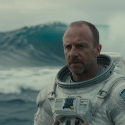 on ocean , bokeh !!cinematic close up shot of saul goodman wearing the spacesuit in scene from the movie interstellar ,shady dull weather, panorama,natural dull colours, anamorphic, epic cinematic,  DOF,exteremely giant ocean wave in background , escape,dramatic, motion blur