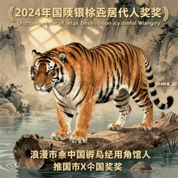 a mighty tiger standing on a wooden log over the water, Chinese Art