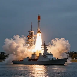 a rocket is being launched from a warship in the river stour in canterbury, taken from the high street, a stock photo by peter snow, shutterstock contest winner, video art, wide lens, anamorphic lens flare, stock photo