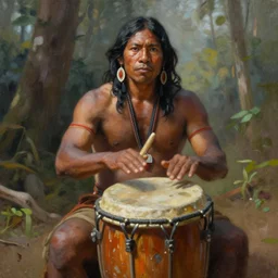 a realistic painting of indigenous man playing drums, highly detailed, fantasy art