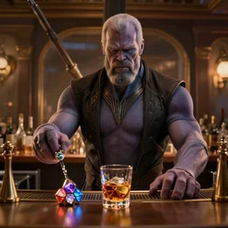 thanos as a bartender on the titanic, ambient lighting, realistic, infinity stones and whiskey