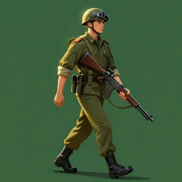 A sprite sheet of a soldier walking with a gun, green background, digital art