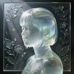 portrait of Uwu the translucent glass being, side fringe haircut, embossed panel with leaves and flowers, refracting light, caustics, light rays shining through, epic 8k, Zeiss 75mm
