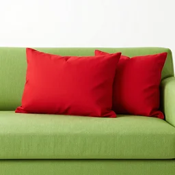 studio photo of a green couch with red pillows, bright