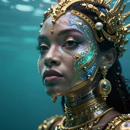 hyperrealistic cybernetic cinematic bioluminescent very expressive! oshun goddess whole body underwater, gold jewerly, highly detailed face, digital art masterpiece, smooth eric zener cam de leon, dramatic pearlescent turquoise light on one side, low angle uhd 8 k, shallow depth of field