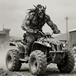 vertical movie frame with heavy furious warrior riding ancient wooden atv,  inspired by monster hunter and dark fantasy and fashion, muscular   body,  brutal blooded  symmetrical face, epic,dramatic lighting, cinematic, establishing shot, extremely high detail, photorealistic,  brutal, provocative , cinematic lighting, artstation, octane render, dark fantasy ,old photo, vintage, black and white, Boris vallejo, sepia, old photography, documentary photography