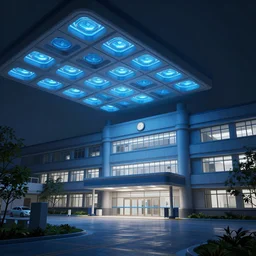 a hospital with soft blue lights in the roof, octane render, artstation trending, highly detailded