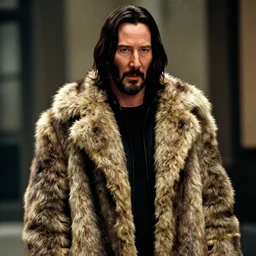 film still of Keanu Reeves as Tyler Durden wearing big fur coat in Fight Club 1999