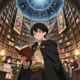 cute young mage in a polygonal library walls and glass ceilings showing the stars and hanging silk drapery and tapestries, light dust, magnificent, close up, details, sharp focus, elegant, highly detailed, illustration, by Jordan Grimmer and greg rutkowski and PiNe(パイネ) and 薯子Imoko and 香川悠作 and wlop and maya takamura, intricate, beautiful, Trending artstation, pixiv, digital Art