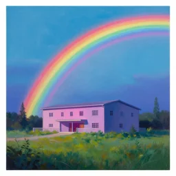 a beautiful painting of a building in a serene landscape, neon rainbow