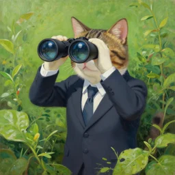 a cat with binoculars and a suit in the style of wlop, portrait, overgrown by plants. this oil painting by the award - winning mangaka has interesting color contrasts, plenty of details and impeccable lighting