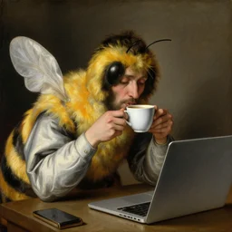 tired man in a bumblebee suit sips a coffee in front of a laptop, highly detailed, masterpiece, renaissance, oil on canvas