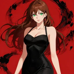 sexy girl with perfect body with brown hair and green eyes, wearing an black dress, earring, red and black color palette, in the style of and ilya kuvshinov and greg rutkowski, high quality anime artstyle, intricate