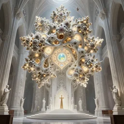 a hyperrealistic 3 d painting of a huge sprawling fractal cathedral interior populated by mandelbrot fractals by android jones, unreal engine, carved soap, white color scheme, volumetric lighting, octane render, dramatic lighting, glowing, carved marble, opalescent, carved wood, sacred geometry, religious, angelic, catholicpunk, stark, 8 k, ultra detailed