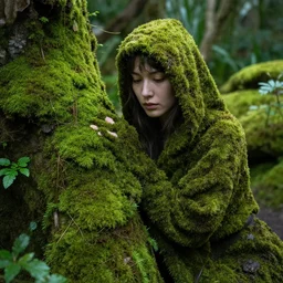 a woman covered in moss in a lush mossy garden