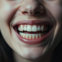 hundreds of teeth. a fractal mouth with many teeth. a woman smiling with thousands of teeth. 3 5 mm f / 2. 8, kodachrome, moody lighting.