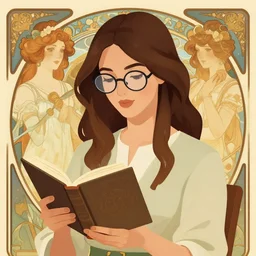 a beautiful woman wearing glasses reading a book, cel shaded art by josan gonzalez and jamie hewlett and alphonse mucha
