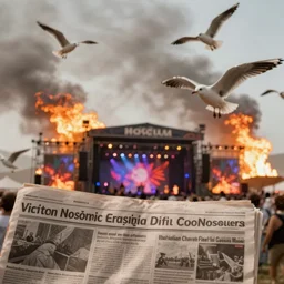 realistic cinematic views of a orwellian coachella with fires in the background and dead seagulls falling from the sky in front of the main stage, realistic, cinematic, newspaper, dramatic lighting, depth of field background by victor mosquera, misty, terror glow, pop art style, 3 5 mm film grain