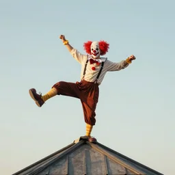 Clown dancing in suspenders on a triangular roof, anthropology, ethnology, biology, 8k, realistic