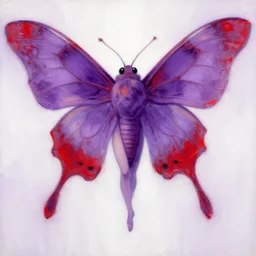 a moth humanoid painted by aya takano, superflat art, very ethereal, joy, painterly, heavy impasto, purple and scarlet colours, moth human, big fluffy wings