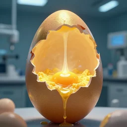 verne troyer hatching from egg, medical lab, medical miracle, luminous yolk, messy egg dripping, cracked eggshell, he's holding handfuls of scrambled egg, easter surprise, golden lighting, textured shell